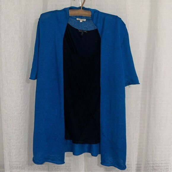 Eileen Fisher M Azure Blue Open Front Knit Short Sleeve Linen Cardigan - Picture 1 of 12